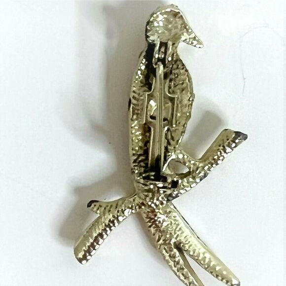 Vintage Rhinestone Parrot Brooch Aurora Borealis Bird Pin Red Eye Gold Tone 1960 - Picture 4 of 6